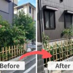 通路をふさぐほど枝が茂った剪定前の庭木（左）と、すっきり整えられた剪定後の庭木（右）の比較画像｜川口市のアパート外構